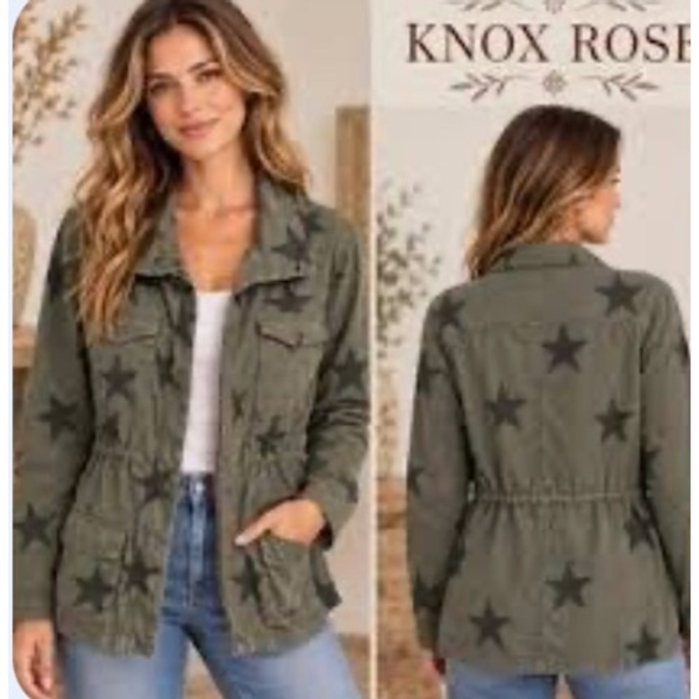 Knox Rose Green Star Print Utility Jacket Womens Medium Excellent